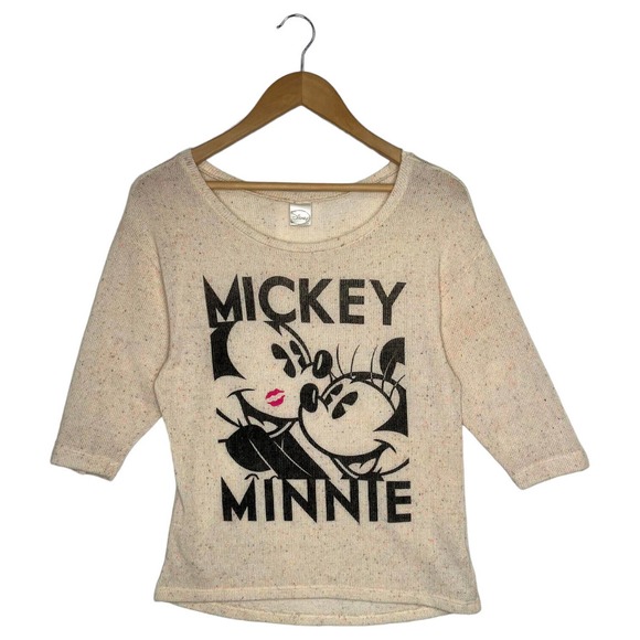 Disney Top Womens M Knit Confetti Mickey Mouse Minnie Graphic Lightweight Cream - Picture 1 of 12